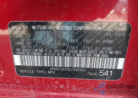 2019 Mitsubishi Outlander Es/Le/Se/Sel z USA, uszkodzony, nr VIN JA4AZ3A3XKZ006952